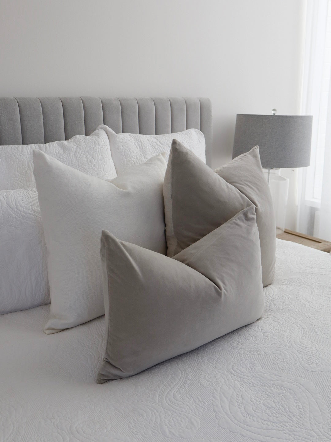 bulimba home dove grey and linen velvet cushions