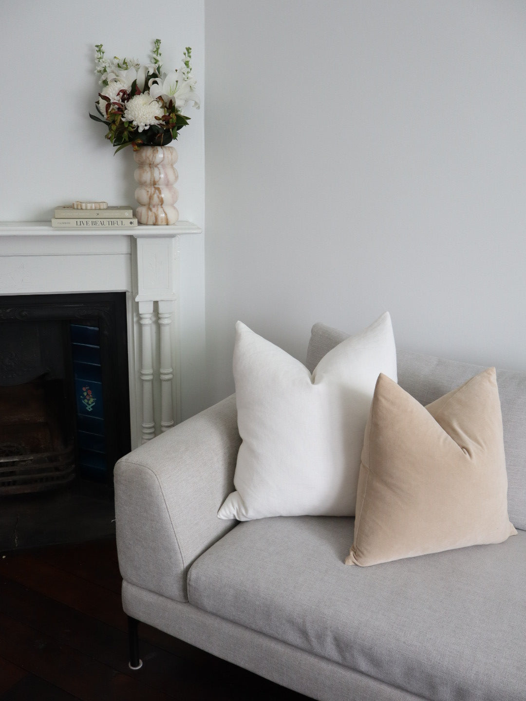 Heavy white linen cushion with the elke velvet sand cushion with duck feather cushion insert