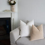 Heavy white linen cushion with the elke velvet sand cushion with duck feather cushion insert