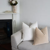 Heavy white linen cushion with the elke velvet sand cushion with duck feather cushion insert