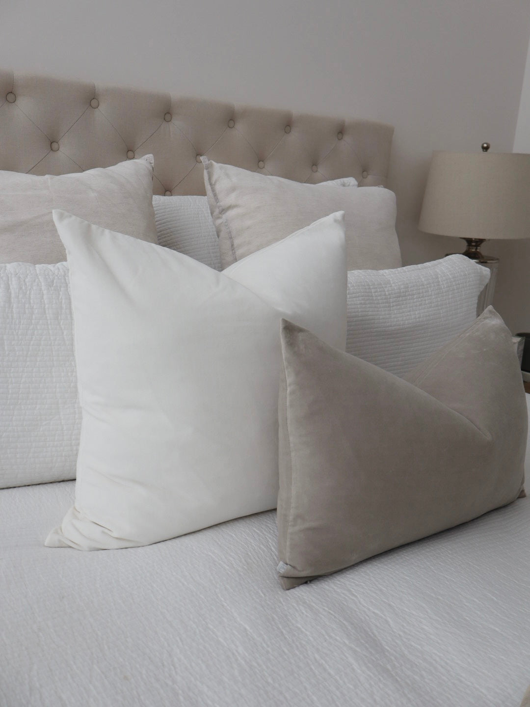 bulimba home elke white velvet cushion, dove grey rectangle cushion and duck feather inserts