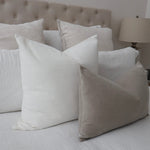 bulimba home elke white velvet cushion, dove grey rectangle cushion and duck feather inserts