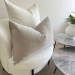bulimba home elke velvet rectangle cushion in dove grey with duck feather pillow insert. Natural heavy linen pillow
