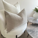bulimba home elke velvet rectangle cushion in dove grey with duck feather pillow insert. Natural heavy linen pillow