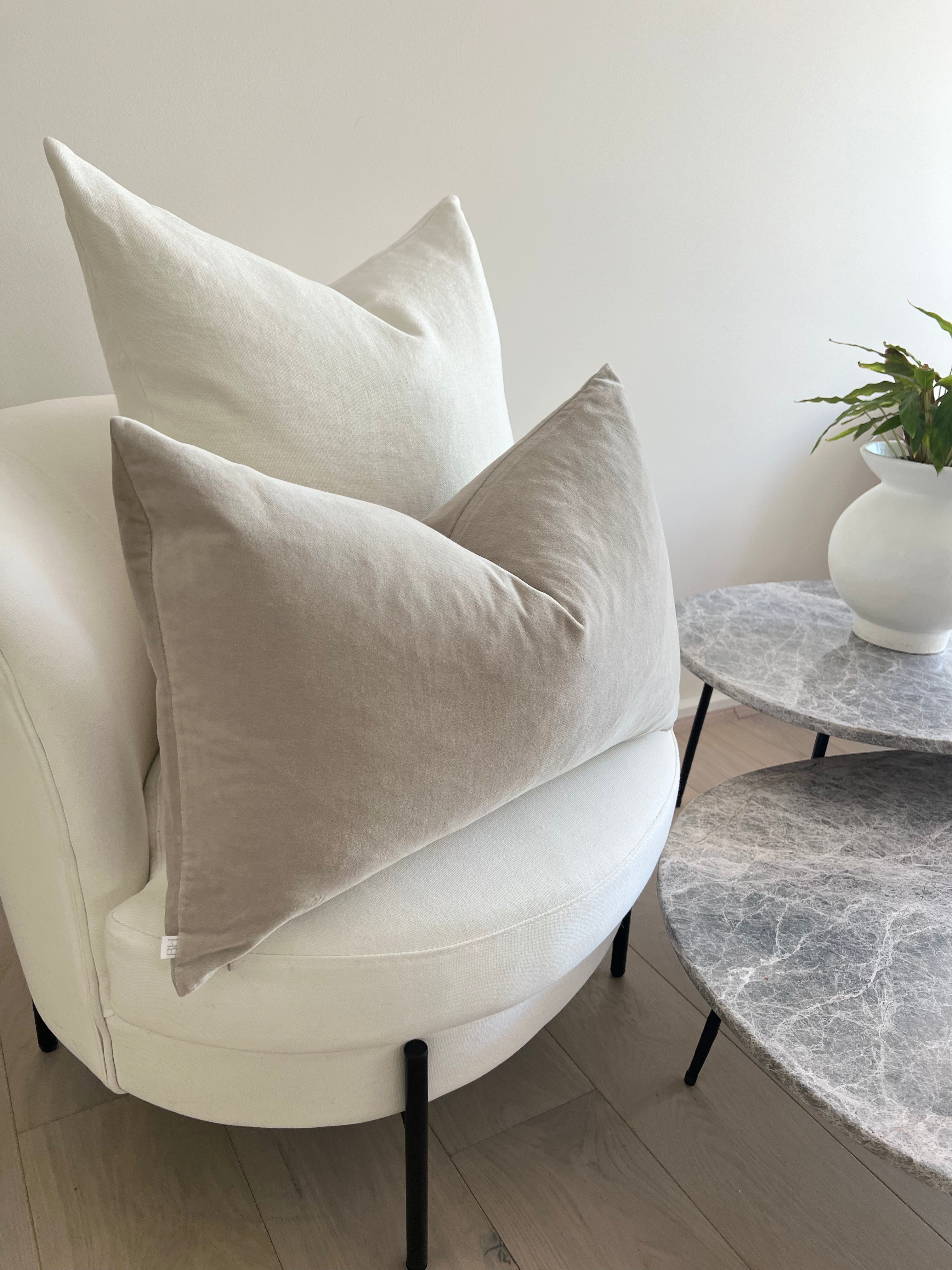 bulimba home elke velvet rectangle cushion in dove grey with duck feather pillow insert. Natural heavy linen pillow