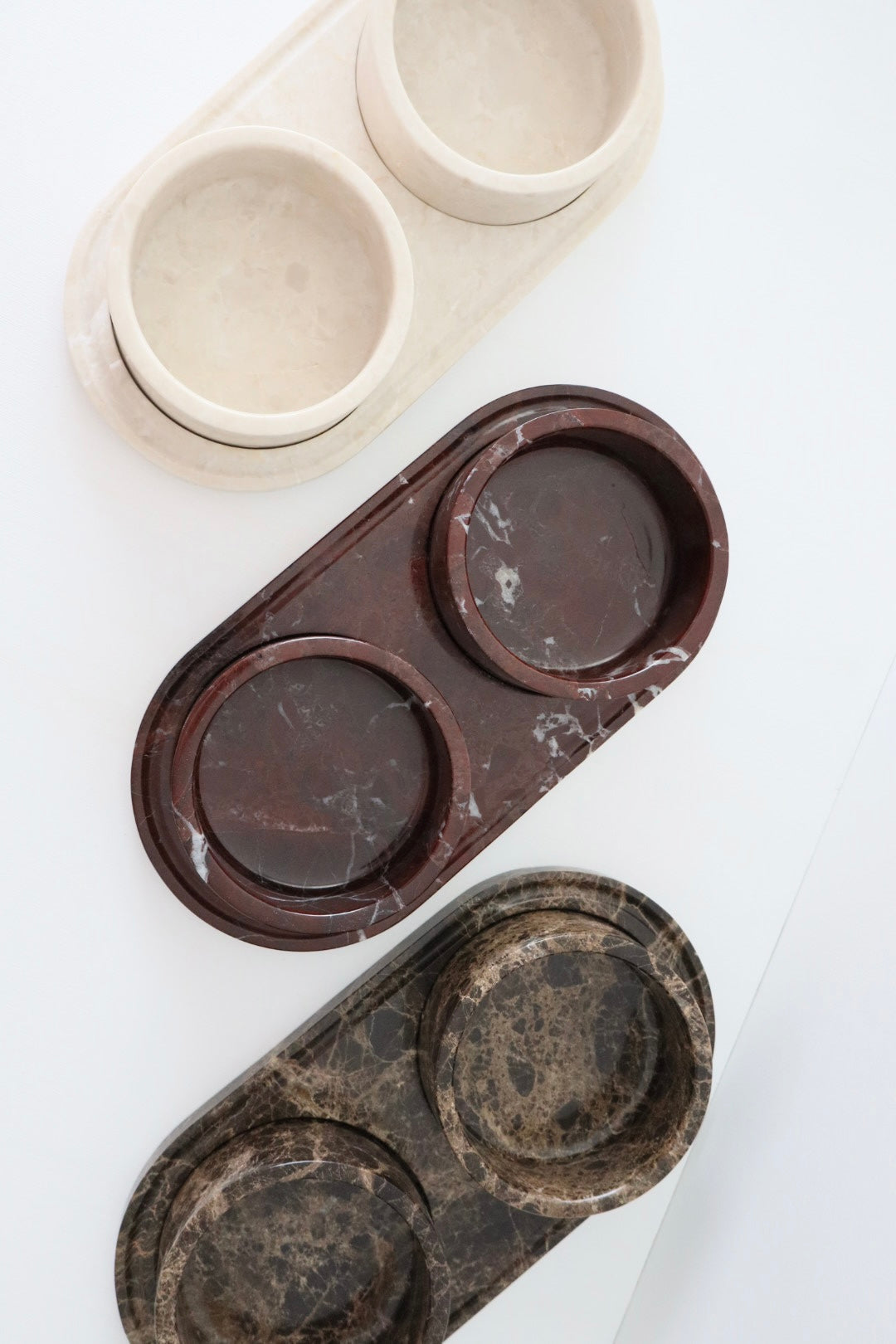 bulimba home marble pet bowls and tray. Beige marble, Rosso levanto and Dark emperador pet food bowls.