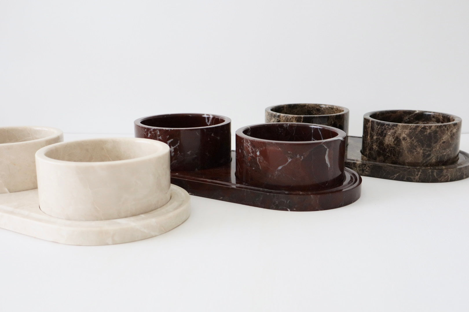 marble pet food and water bowls and tray