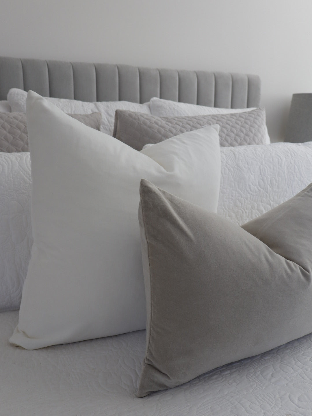 bulimba home white square elke velvet cushion with dove grey rectangle cushion. duck feather inserts