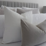 bulimba home white square elke velvet cushion with dove grey rectangle cushion. duck feather inserts
