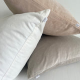 elke velvet cushion trio. sand, dove grey and white velvet with duck feather insert