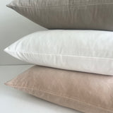 Bulimba home elke velvet cushion trio. sand, dove grey and white velvet with duck feather insert